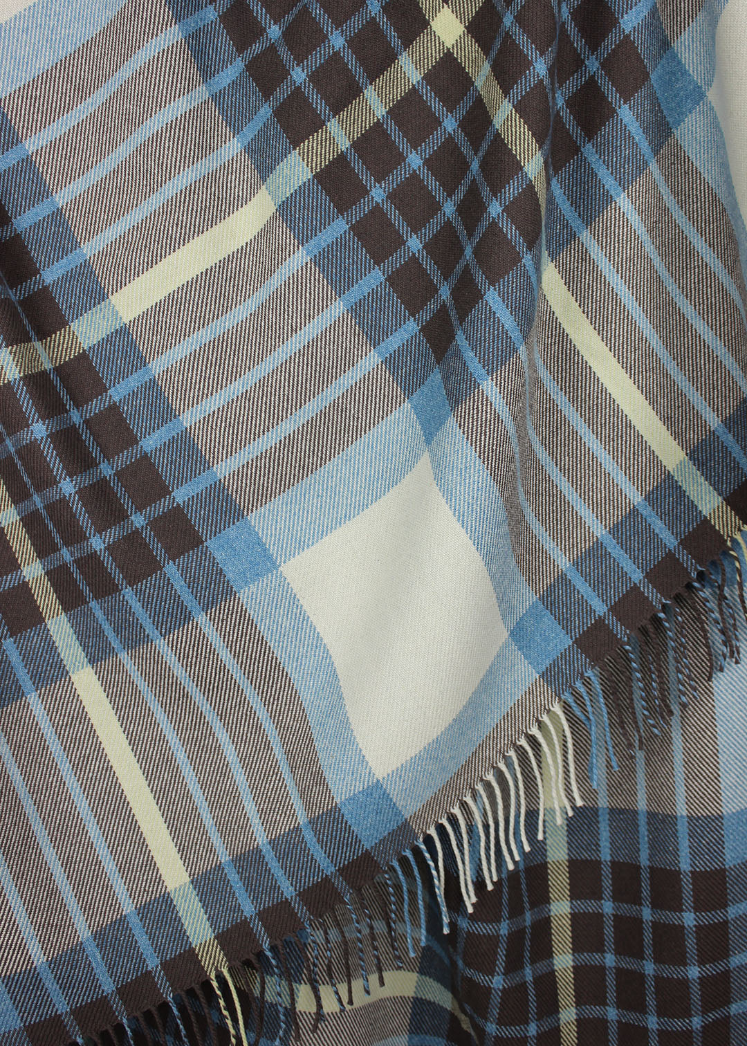 Wool & cotton blanket in brown, blue, white and yellow.