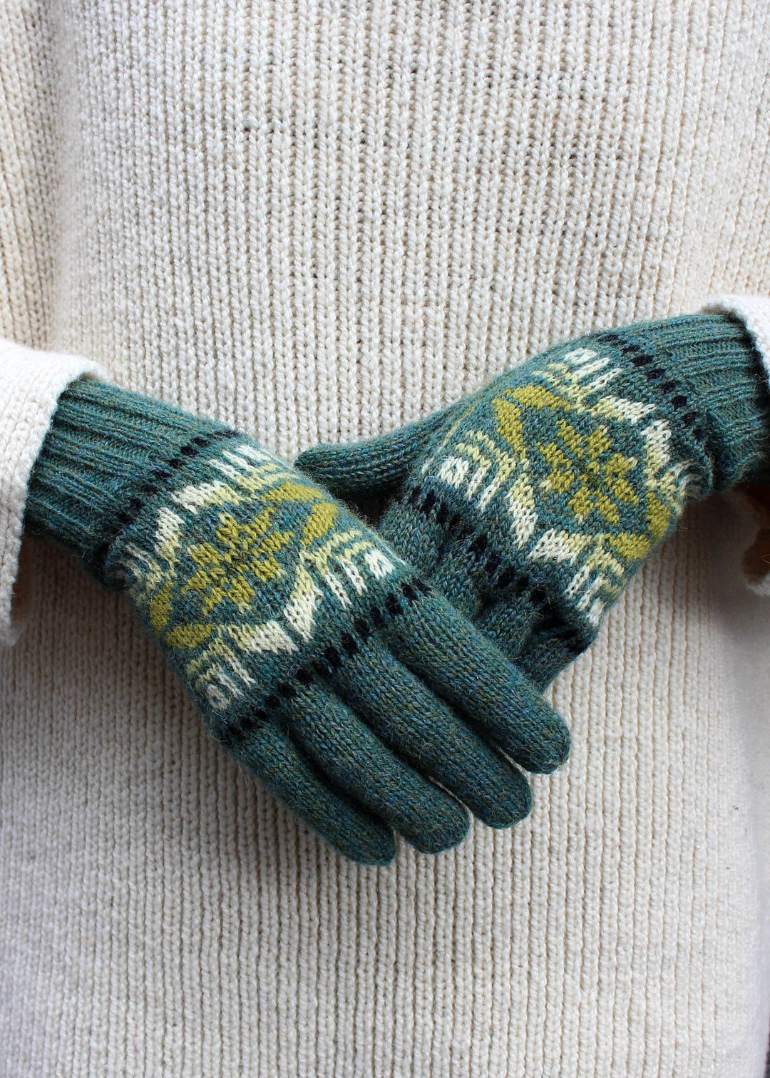 Shetland wool Fair Isle sea glass gloves.