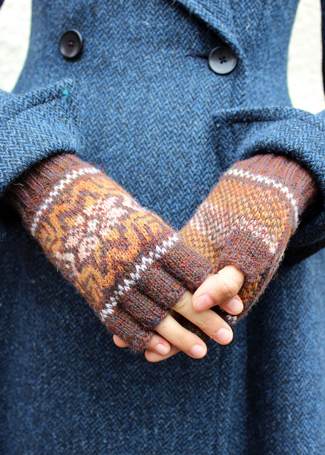 Shetland Fair Isle Fingerless Gloves Brown