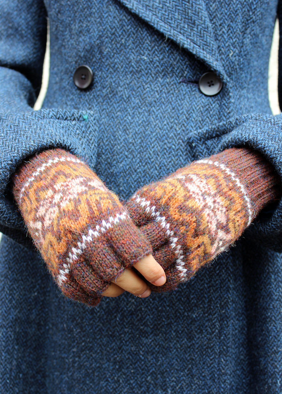 Shetland Fair Isle Fingerless Gloves Brown