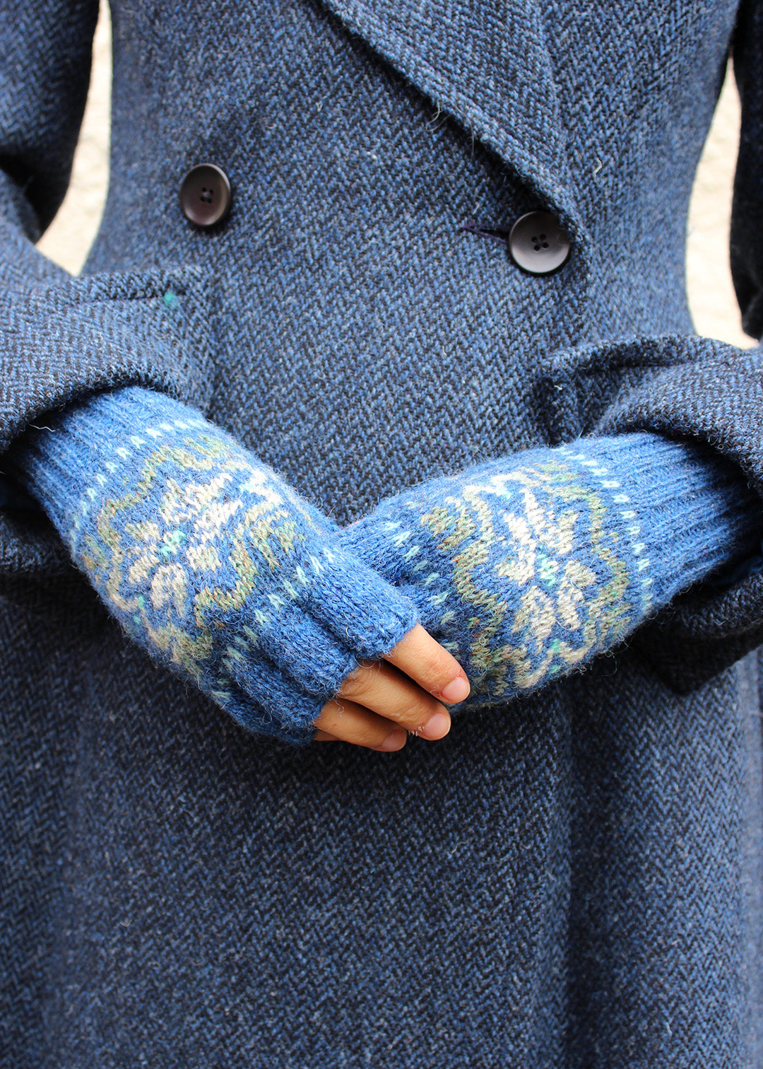 Shetland Fair Isle Fingerless Gloves Ocean