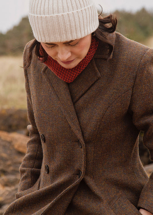 Harris Tweed coat in Ellen style in brown hazel tweed. Scottish Textiles Showcase.