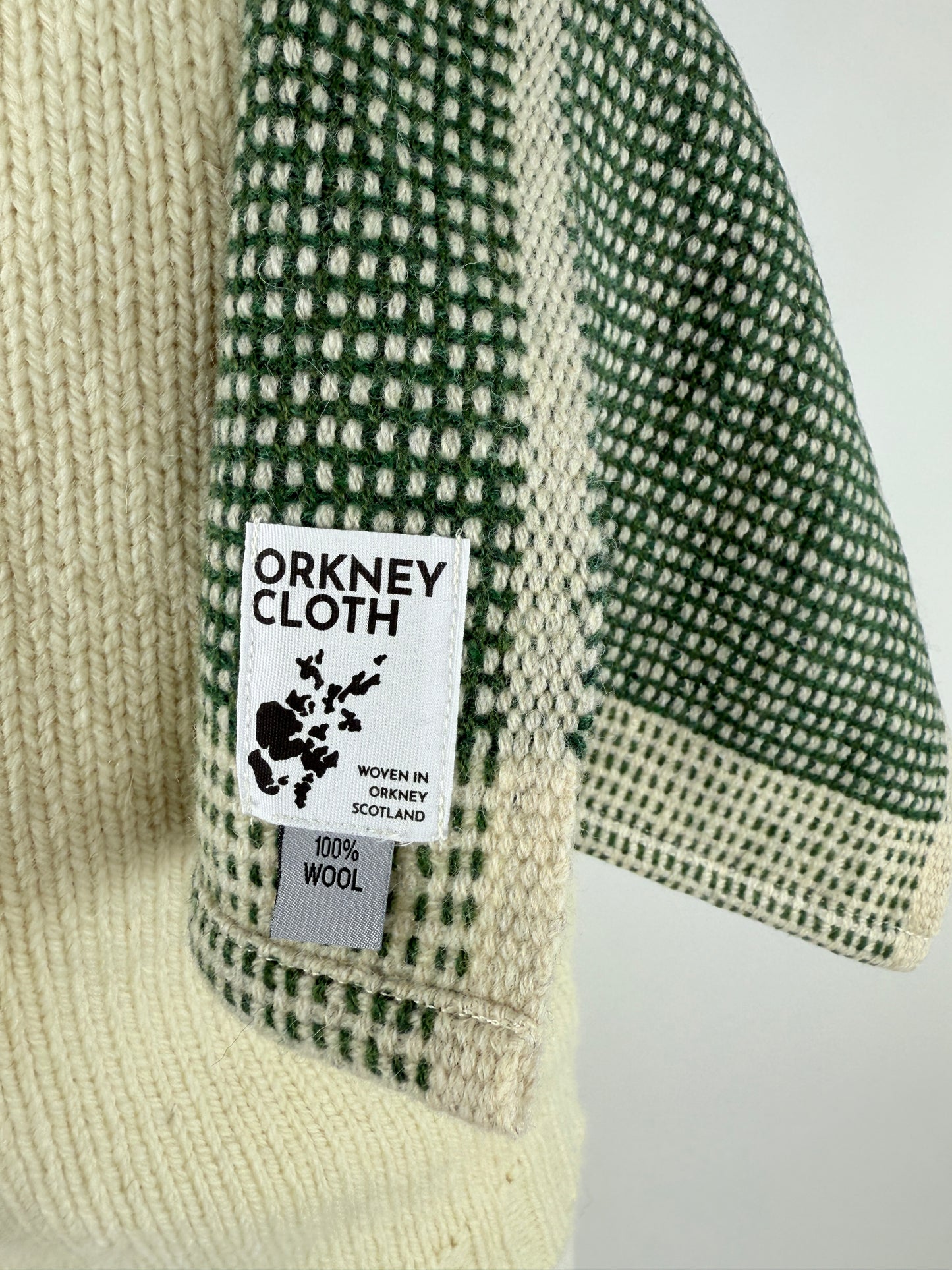 Hand woven Orkney Cloth wool scarf in green