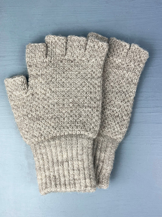 Textured knit fingerless gloves in natural pale grey, un-dyed British wool.