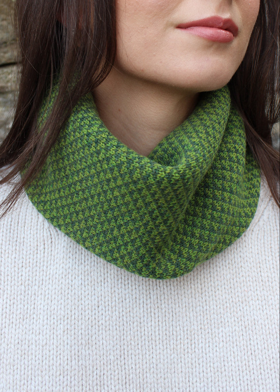 Lambswool neck warmer in moss green. Scottish Textiles Showcase.