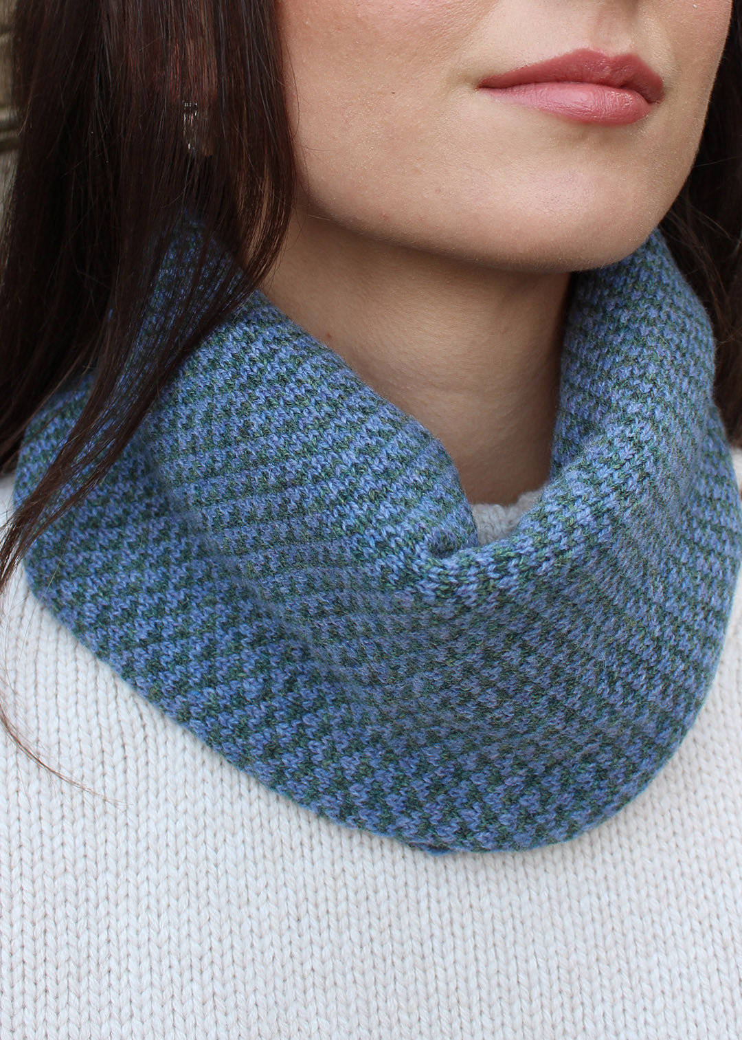 Lambswool neck warmer in blue and green. Scottish Textiles Showcase.