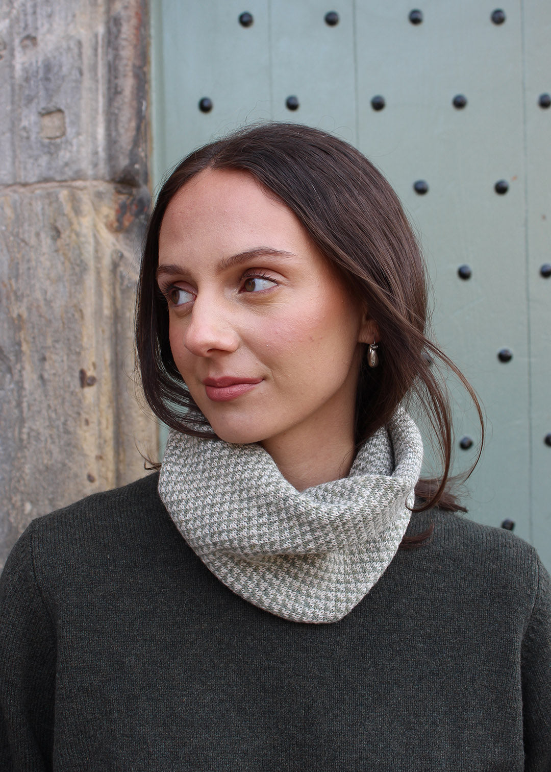 Lambswool neck warmer in pale green and cream. Scottish Textiles Showcase.