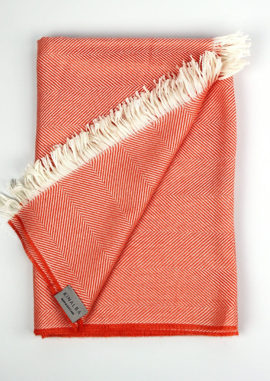 Kinalba Marquee stole in shade tangerine. Scottish textiles showcase