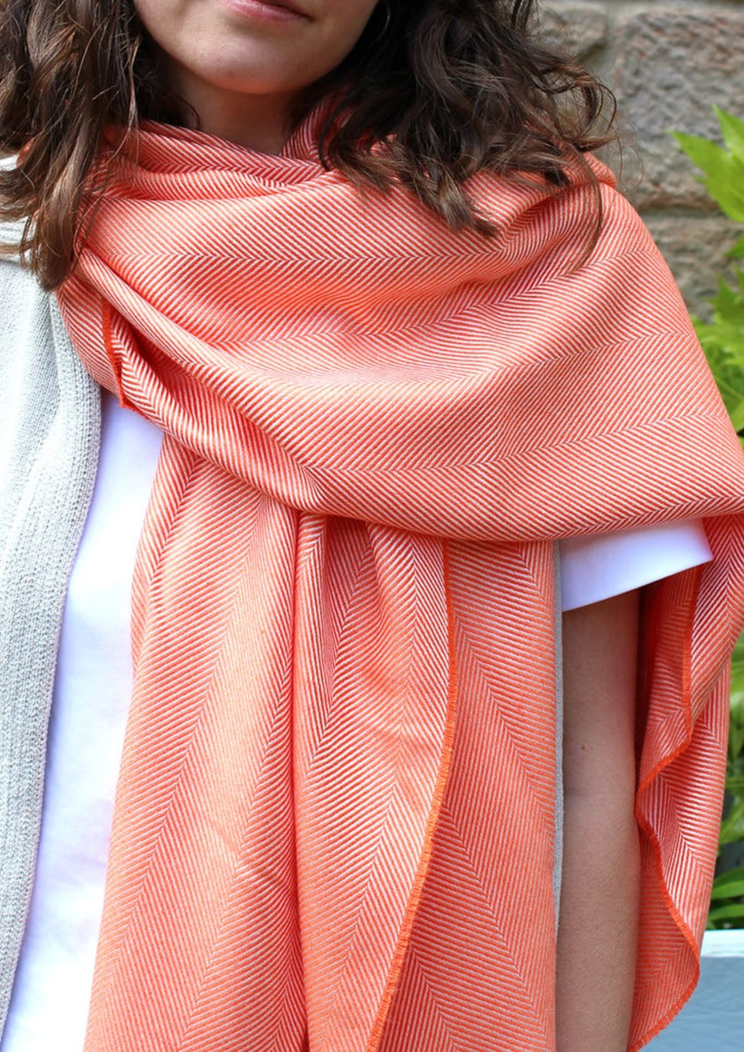 Kinalba Marquee stole in shade tangerine. Scottish textiles showcase