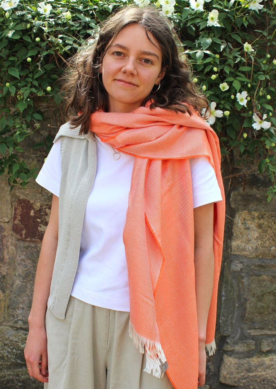 Kinalba Marquee stole in shade tangerine. Scottish textiles showcase