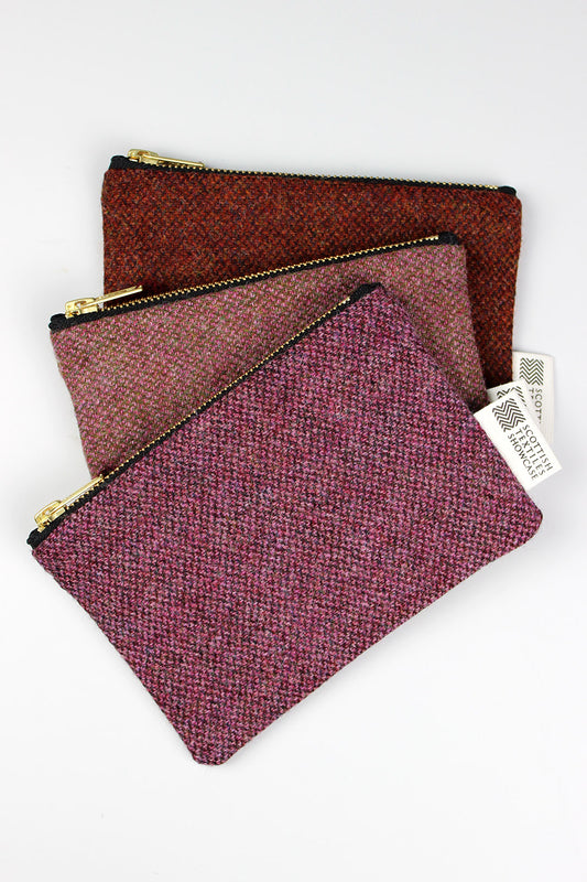 Tweed coin purses in colours Berry, Rose and Rust.