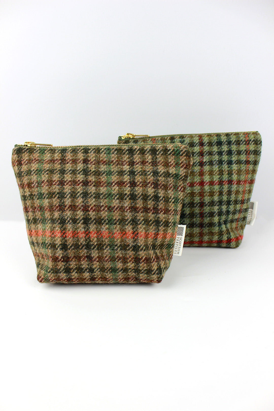 Checked Tweed small make-up bag in Brown and Green Check. Scottish Textiles Showcase.