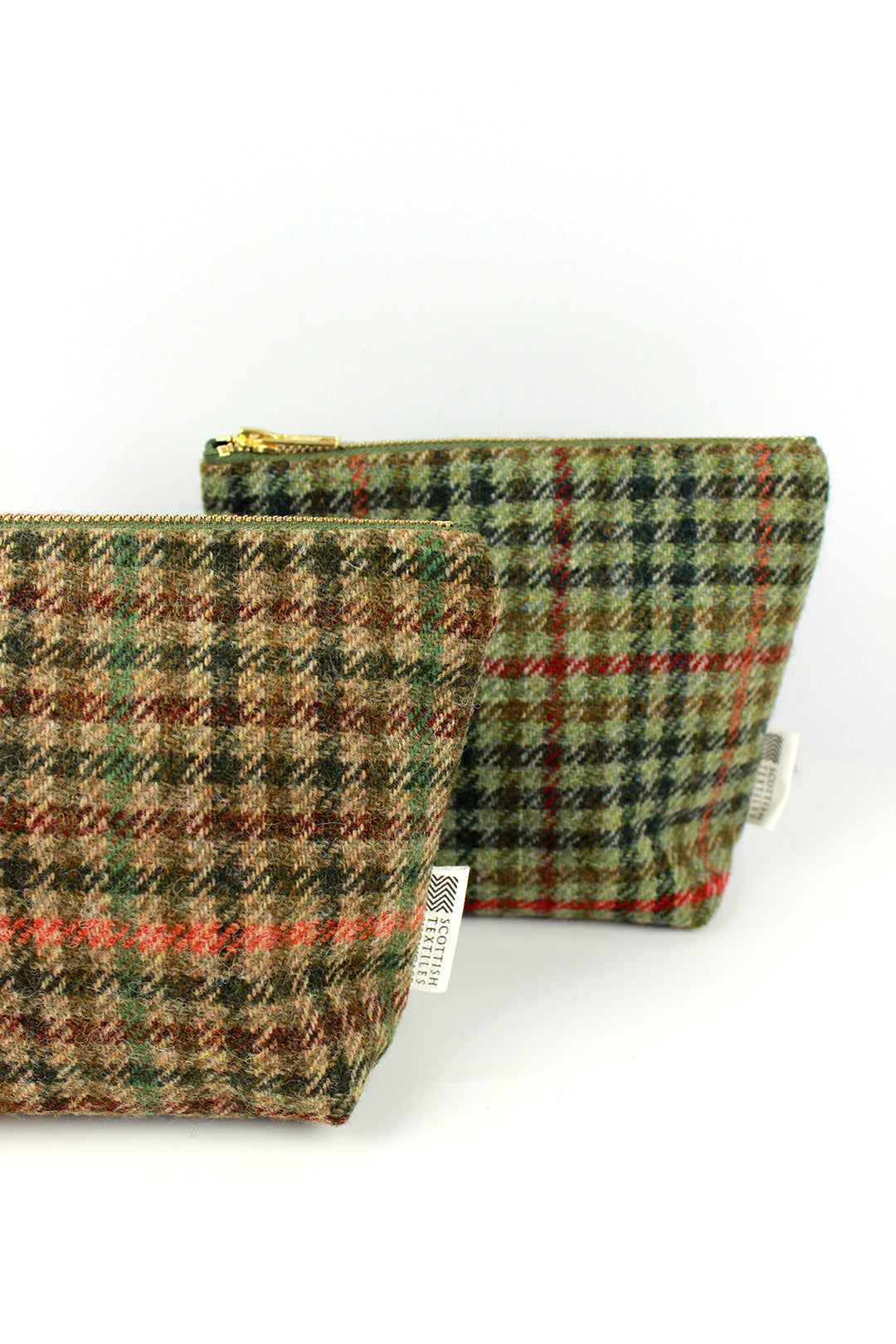 Checked Tweed small make-up bag in Brown and Green Check. Scottish Textiles Showcase.