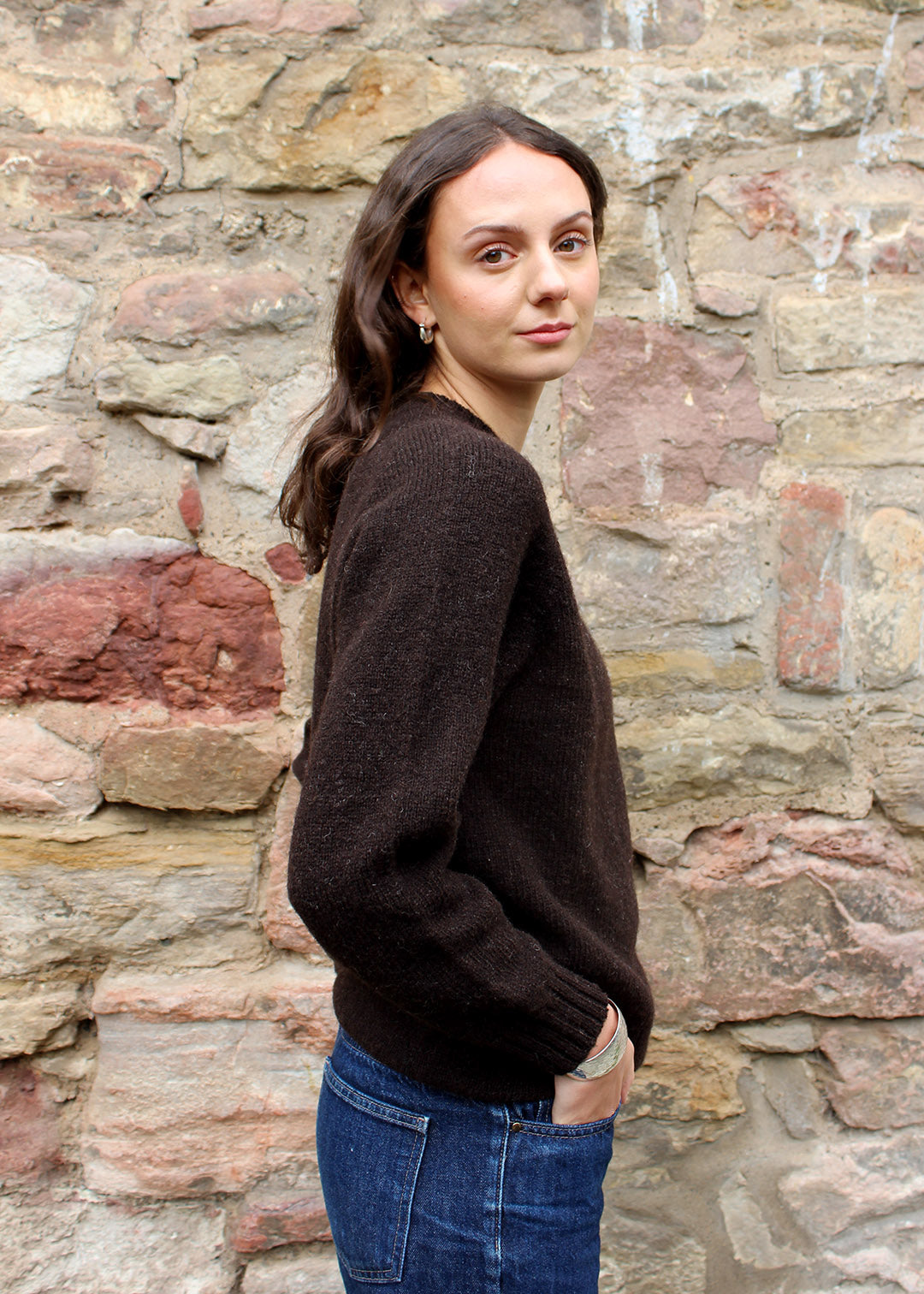 Shetland black jumper detail shown on model.