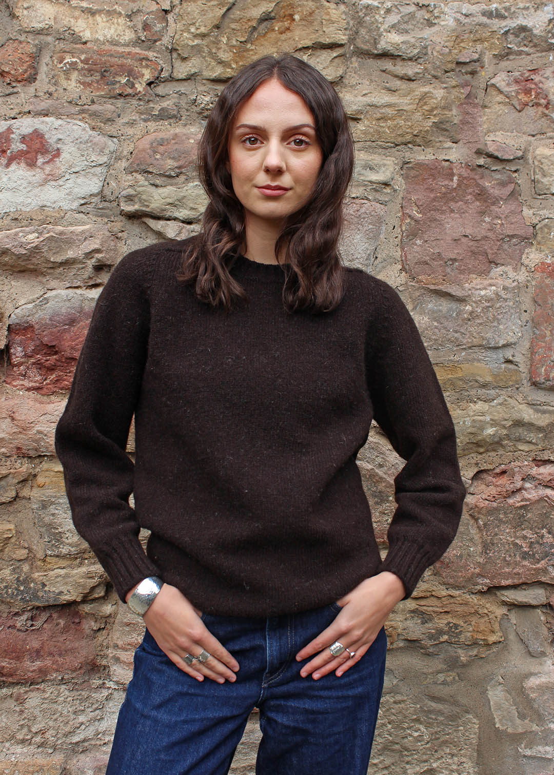Shetland black jumper detail shown on model.