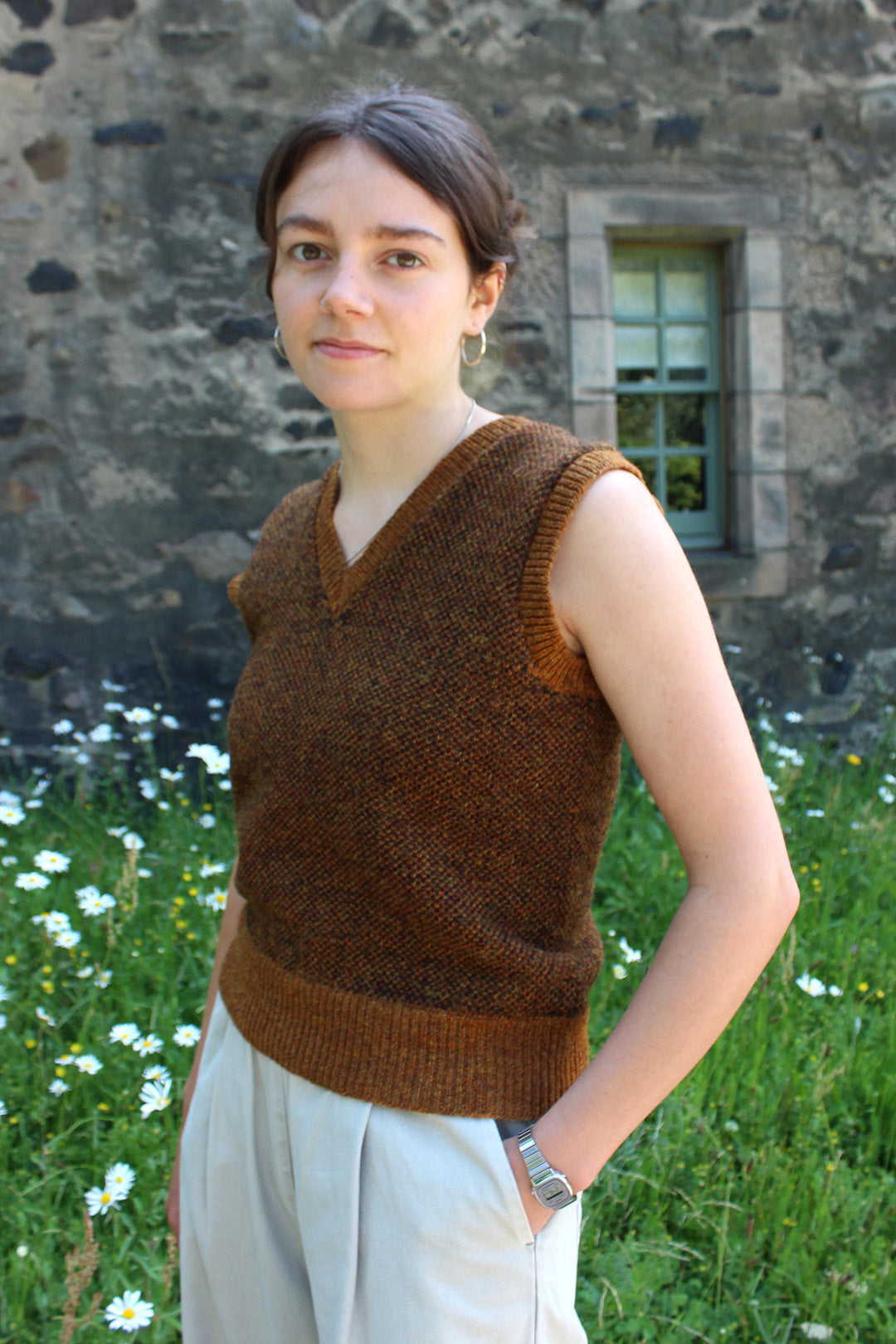 Shetland knitted tank top in burnt umber, with a v-neck.