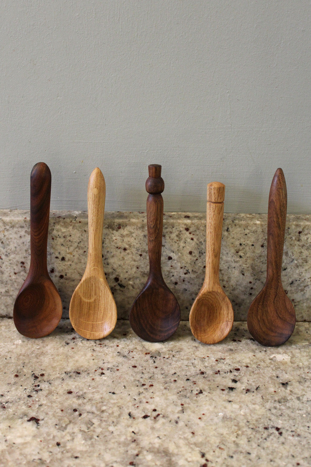 Spice spoons hand carved from Elm, Walnut and Oak in Fife. Scottish Textiles Showcase