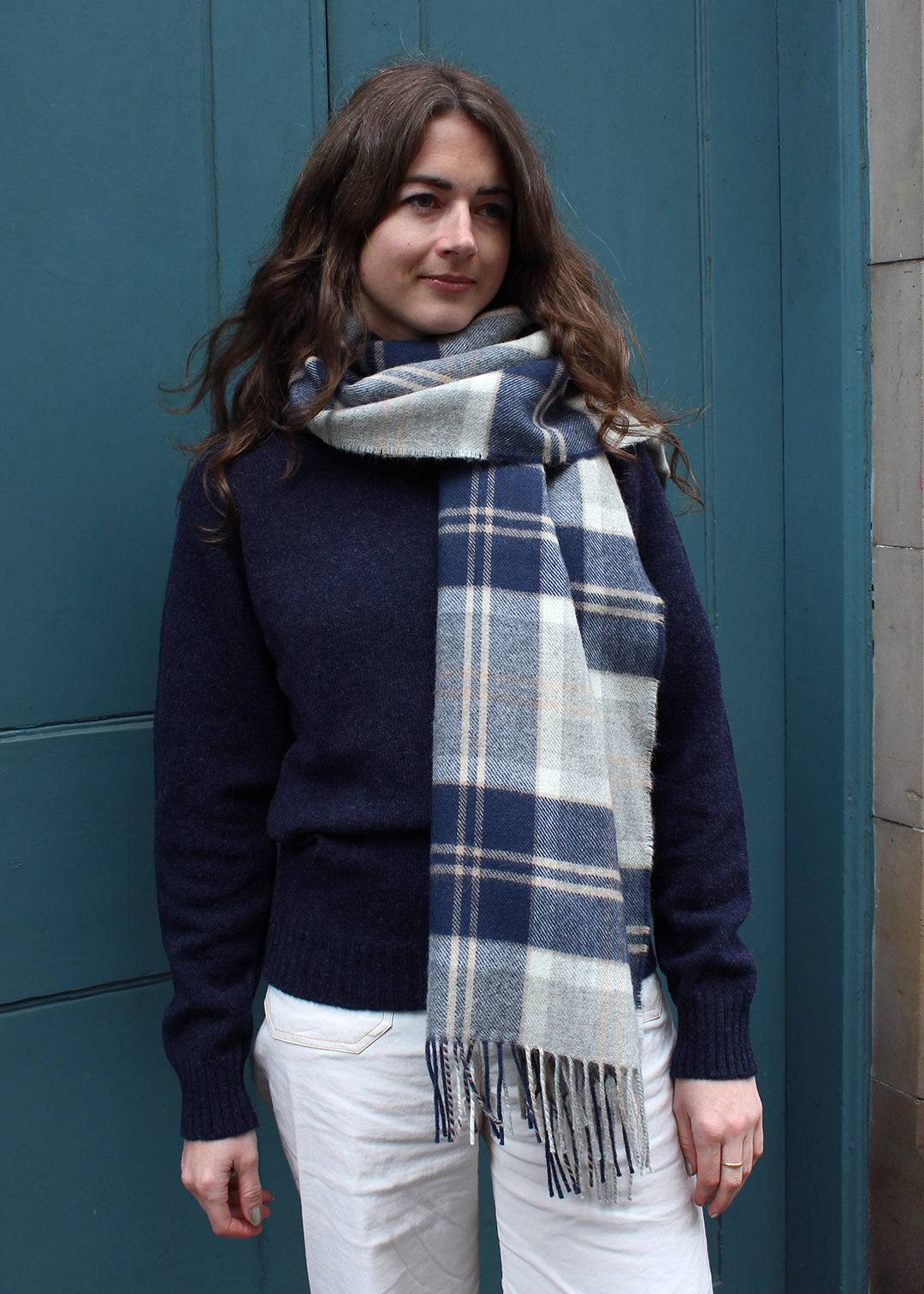 Tartan Blanket Stole in Bannockbane Grey shown on model.