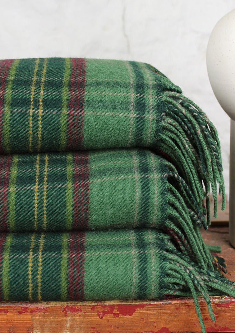 Classic green plaid blanket made from 100% wool.