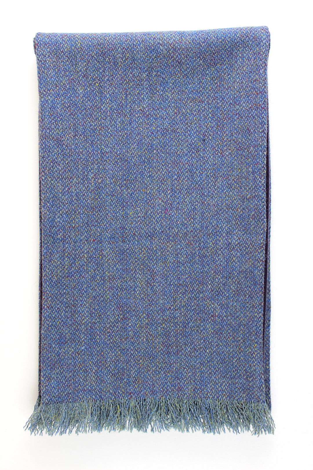 Harris tweed scarf in blue hues with purple cashmere lining