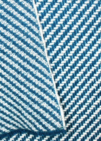 Pure cashmere throw in a contemporary teal and white diagonal stripe.