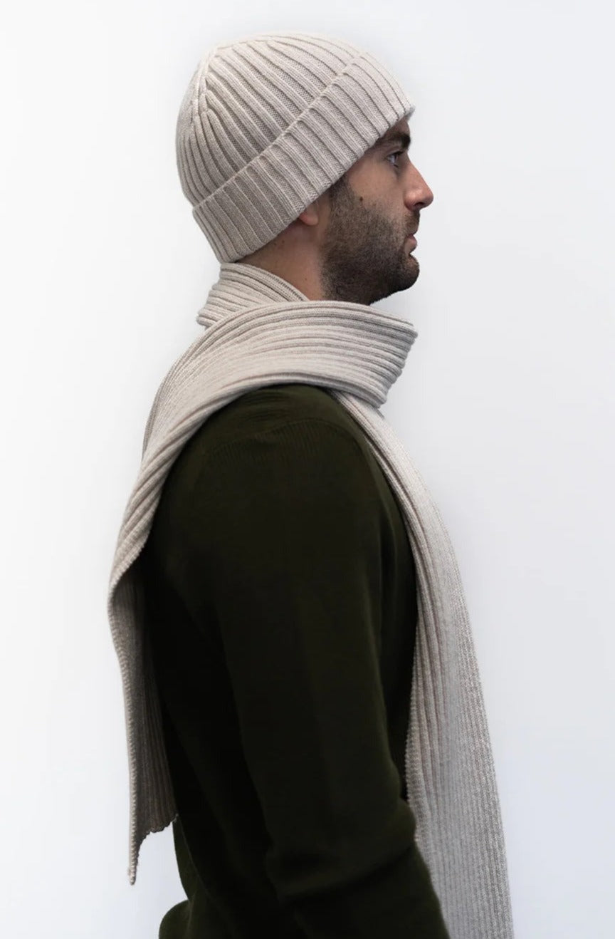 Jacquard ribbed scarf knitted in Ayrshire in sumptuously soft lambswool by Hilary Jane Keyes. In shade Swansdown - earl grey