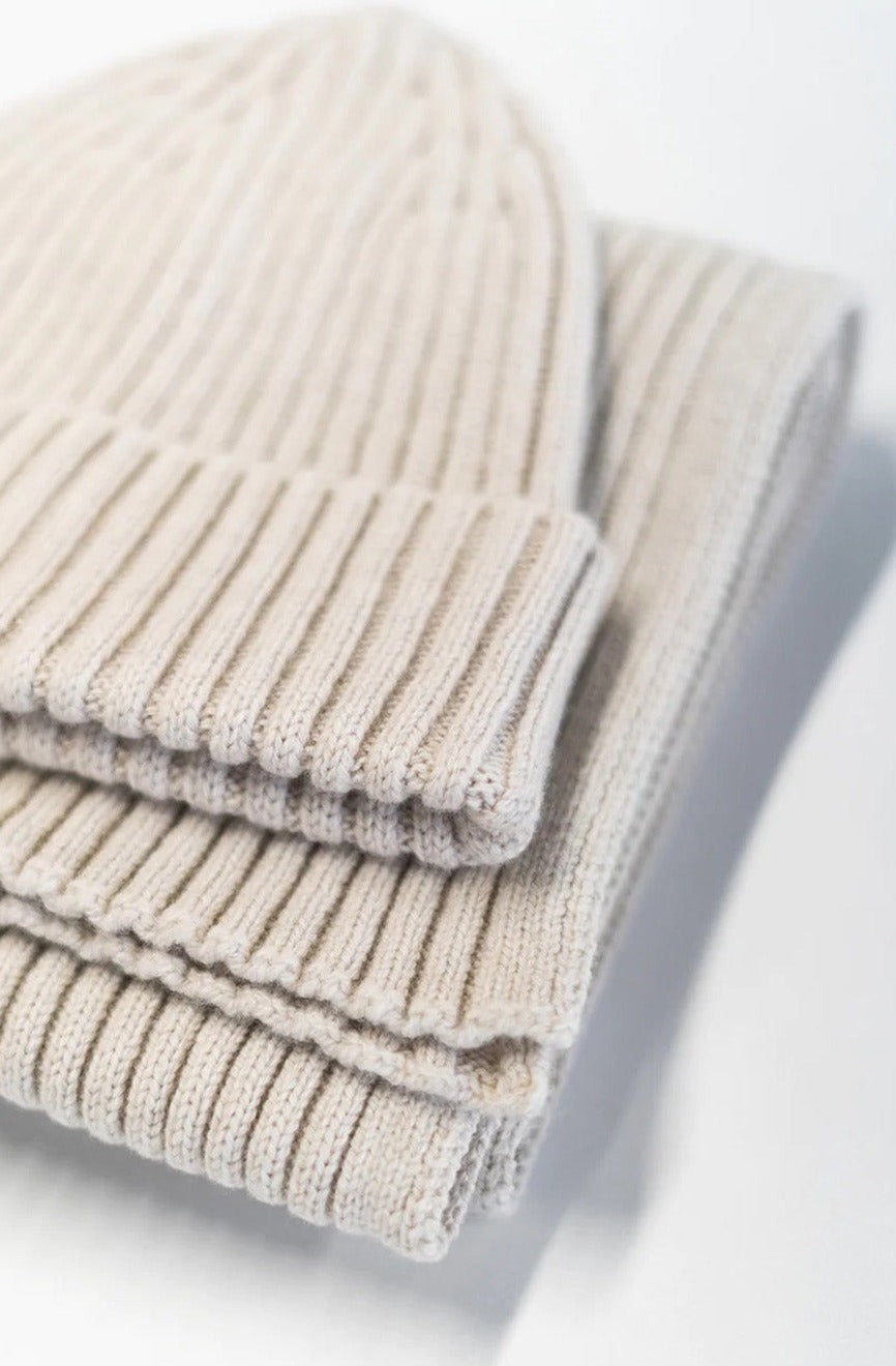 Jacquard ribbed scarf knitted in Ayrshire in sumptuously soft lambswool by Hilary Jane Keyes. In shade Swansdown - earl grey