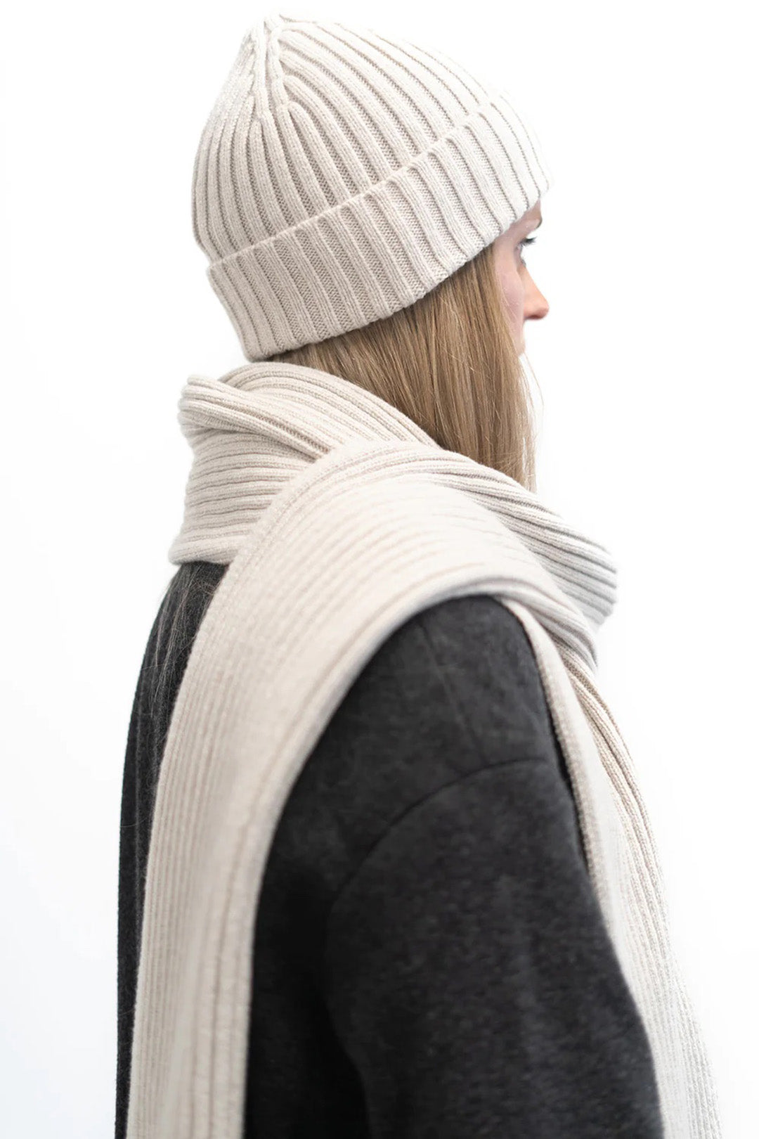 Jacquard ribbed scarf knitted in Ayrshire in sumptuously soft lambswool by Hilary Jane Keyes. In shade Swansdown - earl grey