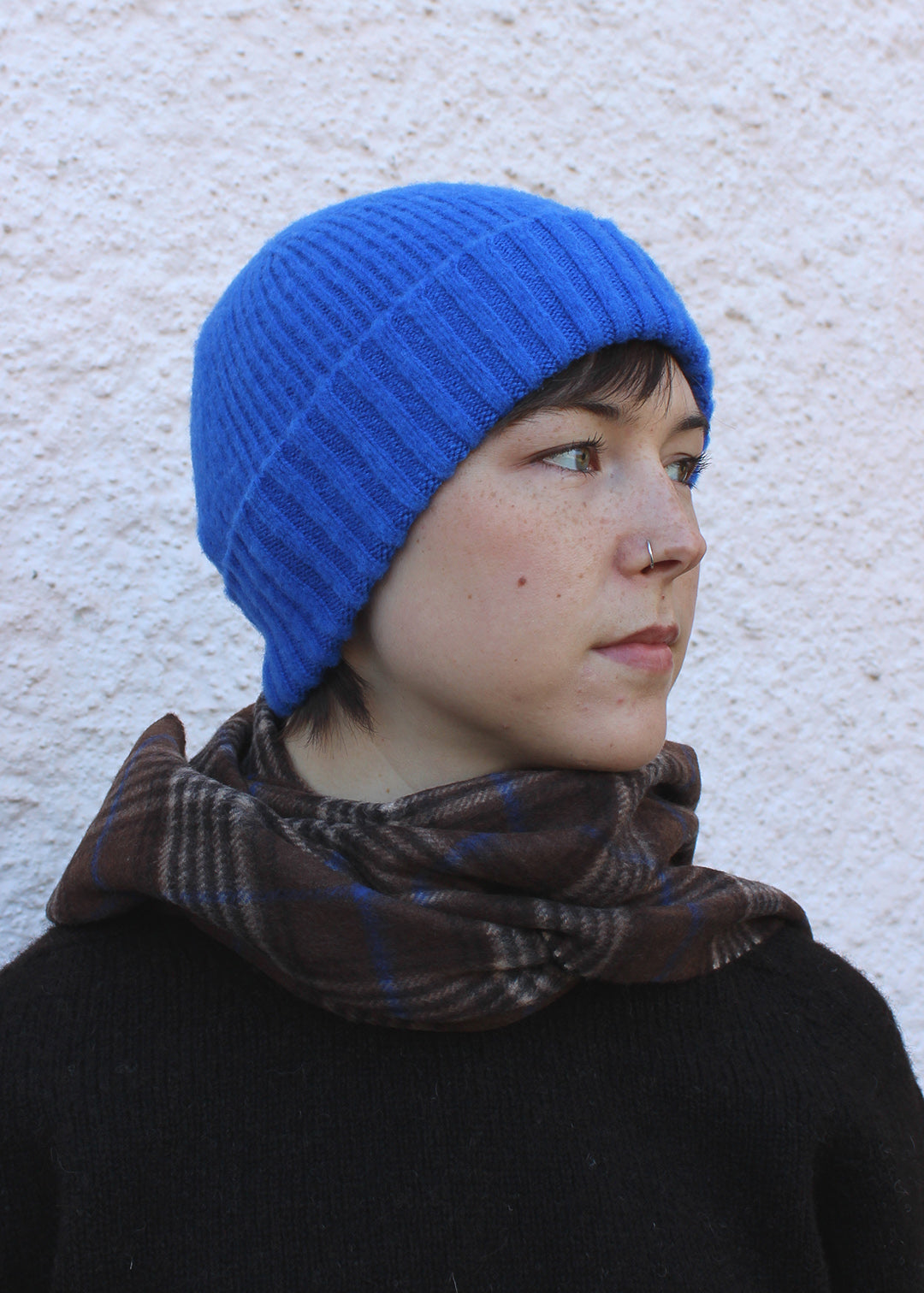 Classic ribbed beanie in cobalt blue, made from lambswool which has been brushed for extra softness.