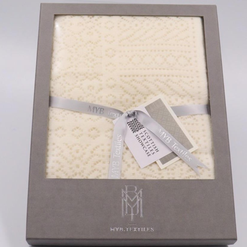 An ivory cotton lace baby shawl, folded, wrapped in a silver ribbon, and in a grey gift box.