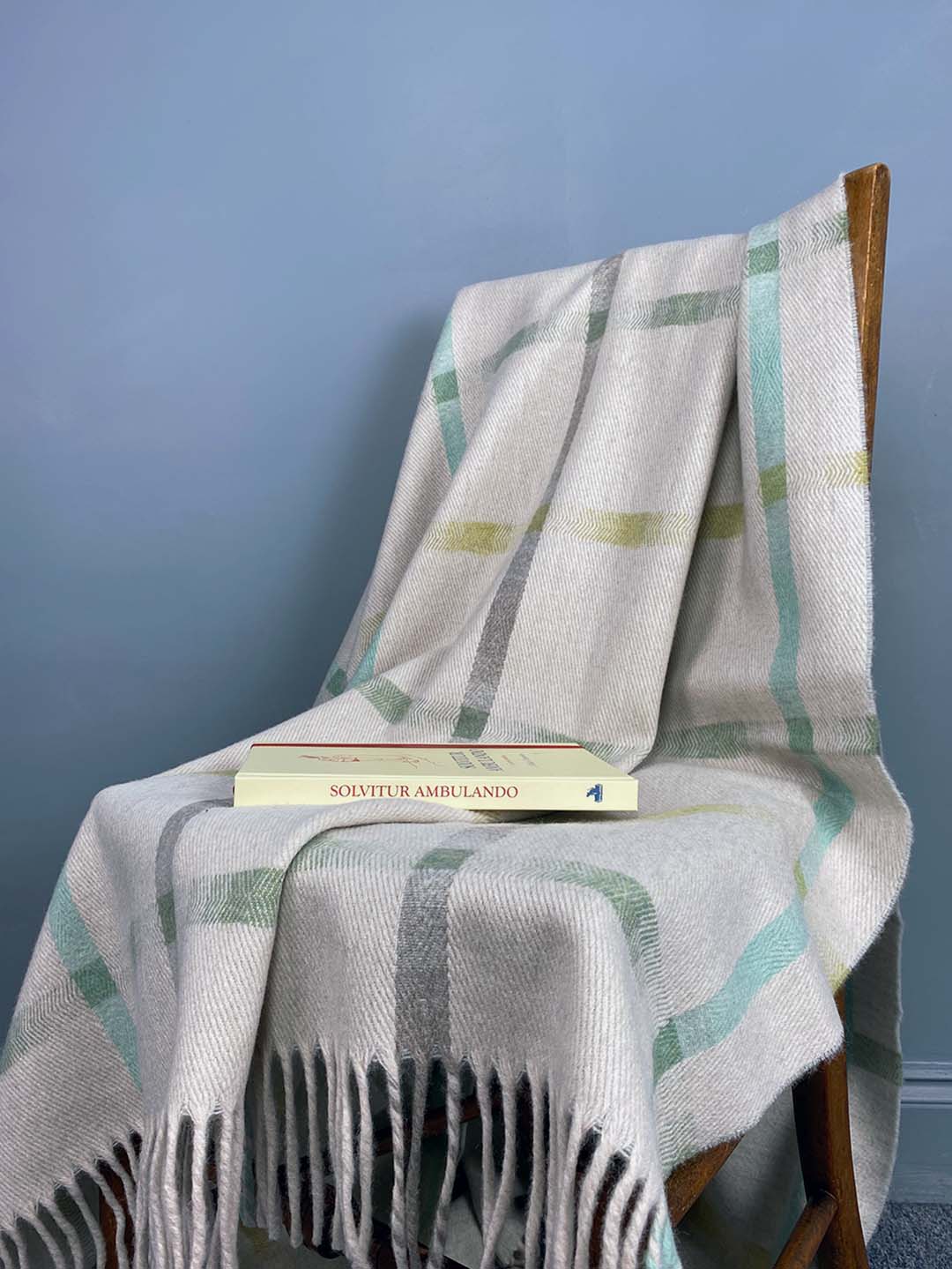 Merino lambswool throw blanket cream, pale yellow, mint green, taupe and aqua blue twill check Scottish Textiles Showcase