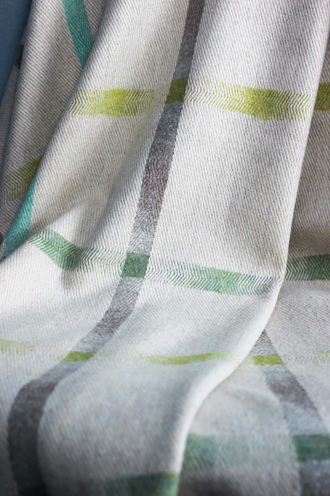 Merino lambswool throw blanket cream, pale yellow, mint green, taupe and aqua blue twill check Scottish Textiles Showcase Edit alt text