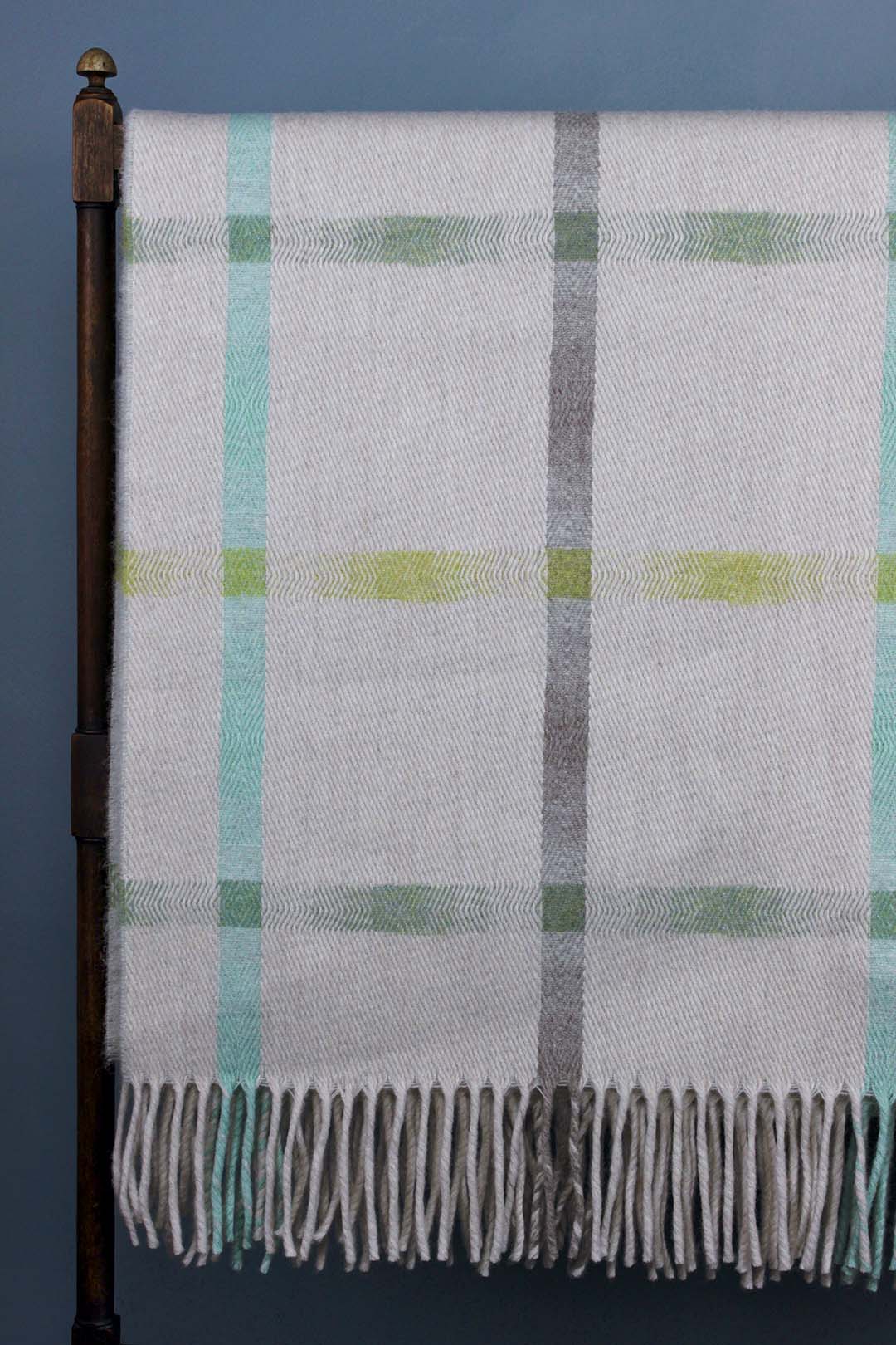 Merino lambswool throw blanket cream, pale yellow, mint green, taupe and aqua blue twill check Scottish Textiles Showcase Edit alt text