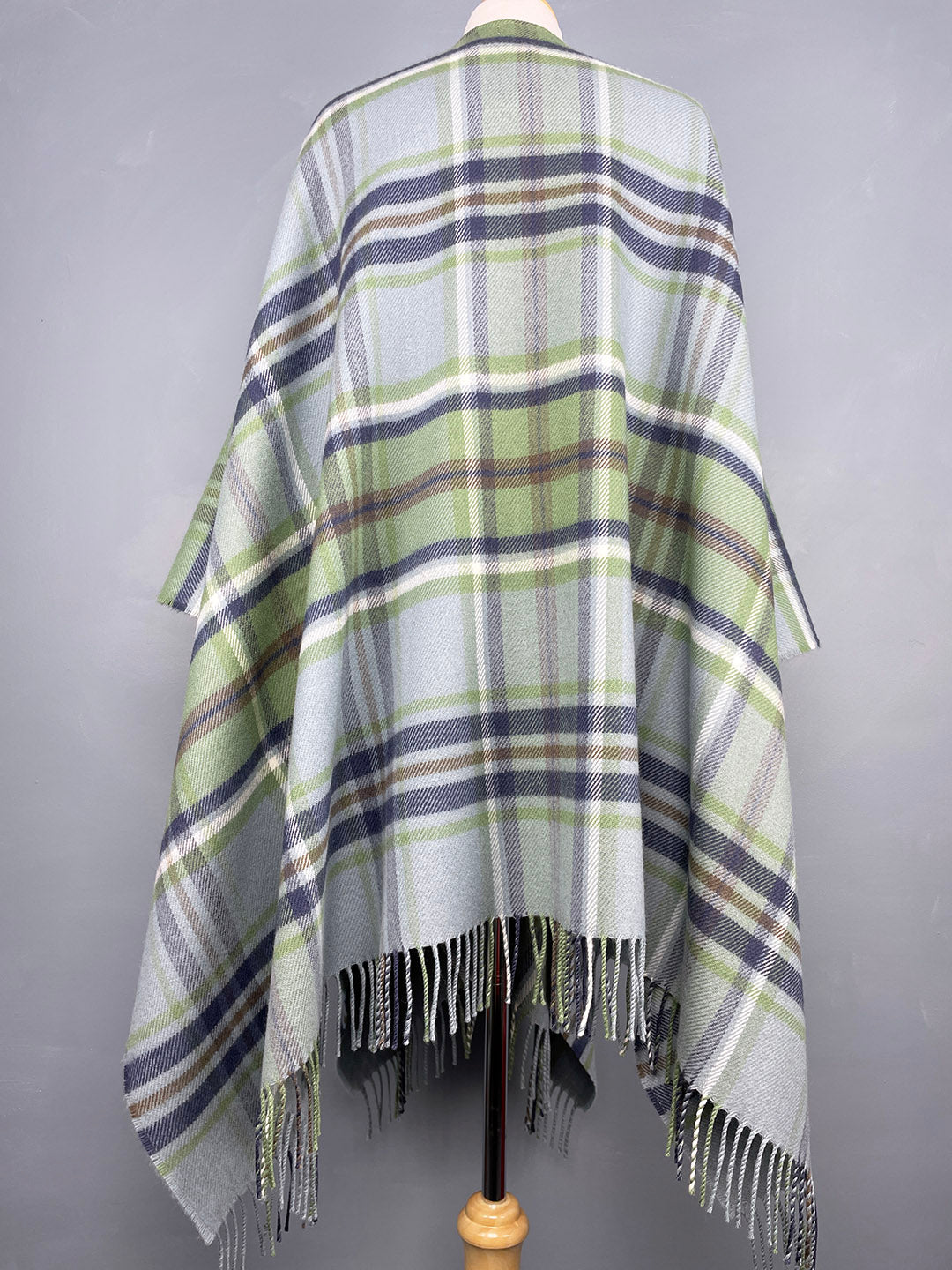 Araminta Campbell heritage tartan wool serape in Beech Dappled Skies, back