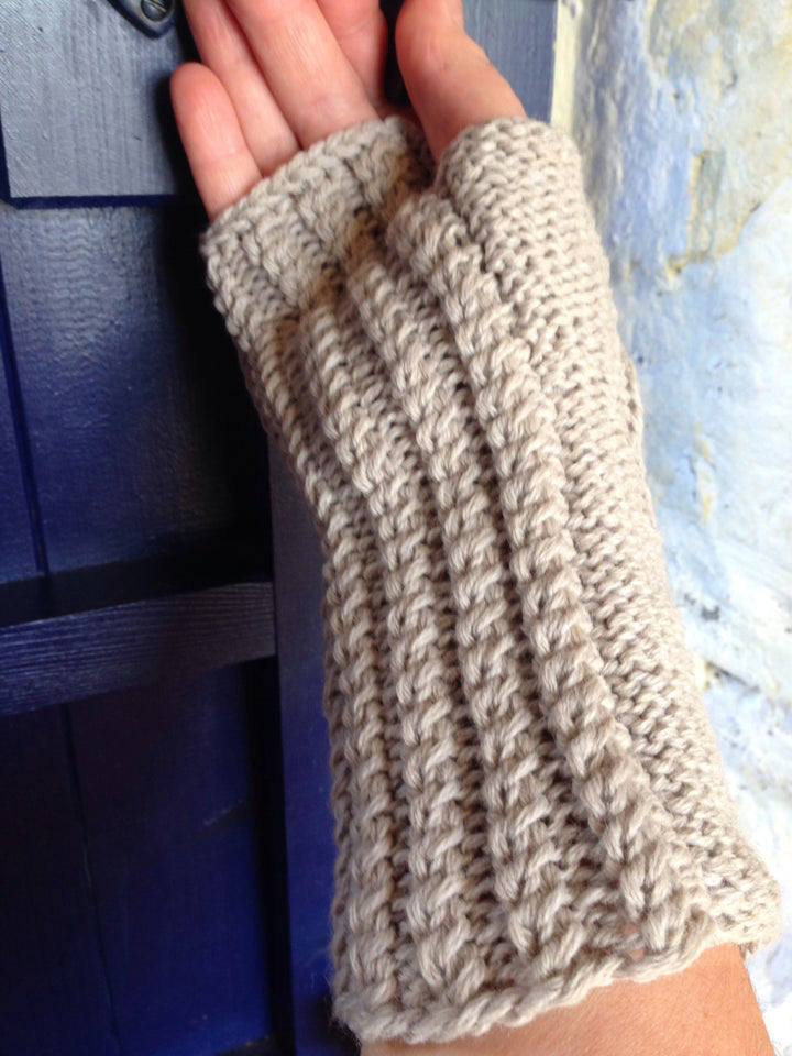 Twisted hazel wristwarmers knitting pattern sample cable knit