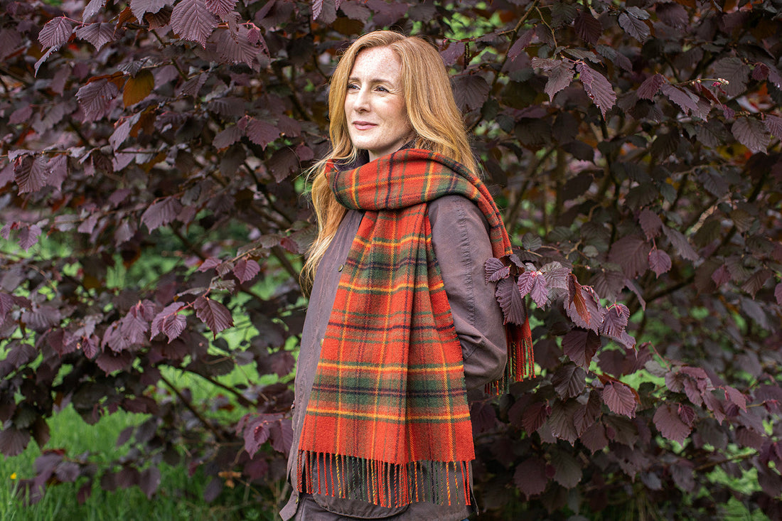 Araminta Campbell lambswool shawl in the Autumn Woodland Walk Tartan.