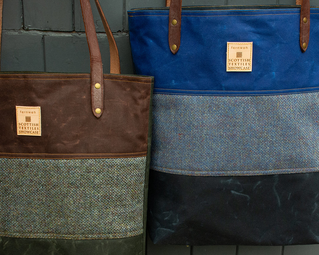 Fernweh Scottish Textiles Showcase waxed cotton and Harris Tweed bag