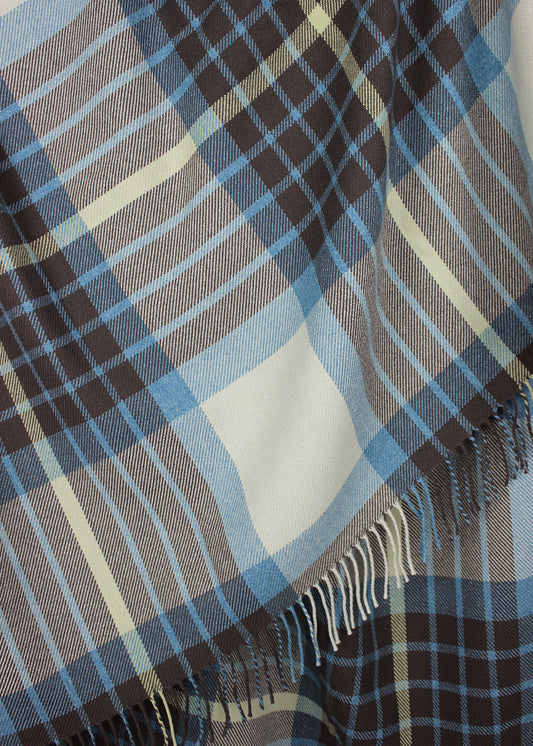 Wool & cotton blanket in brown, blue, white and yellow.
