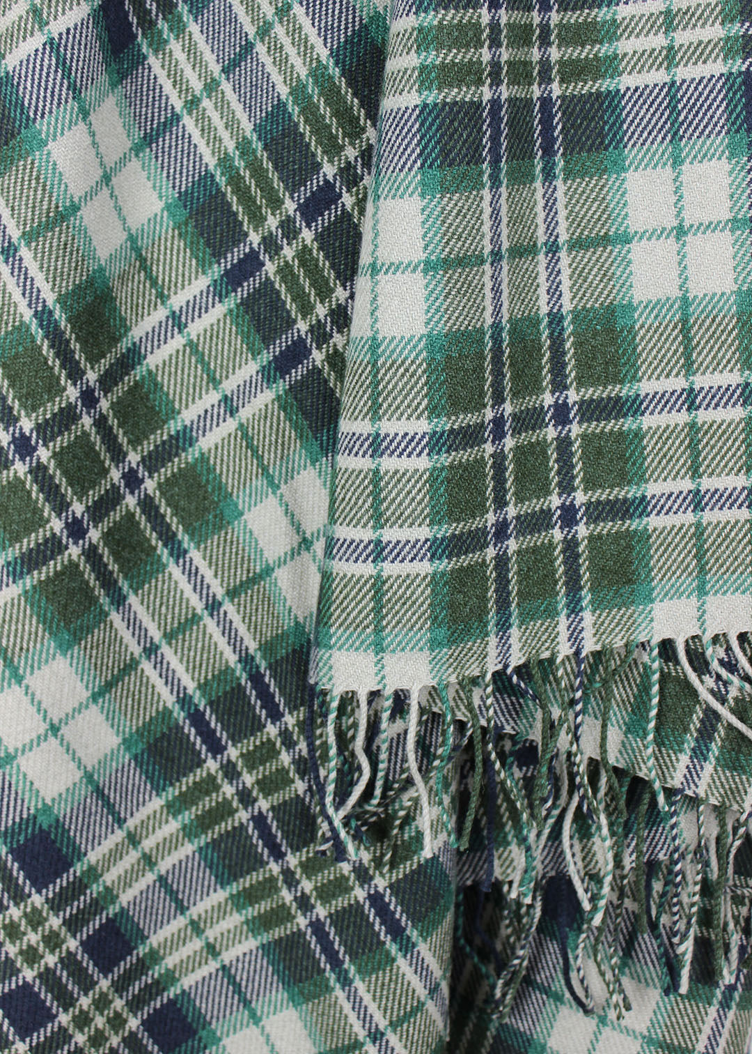 Wool & cotton blanket in greens, white and navy blue.