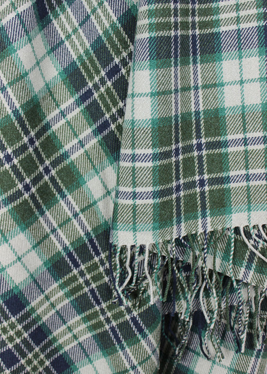 Wool & cotton blanket in greens, white and navy blue.