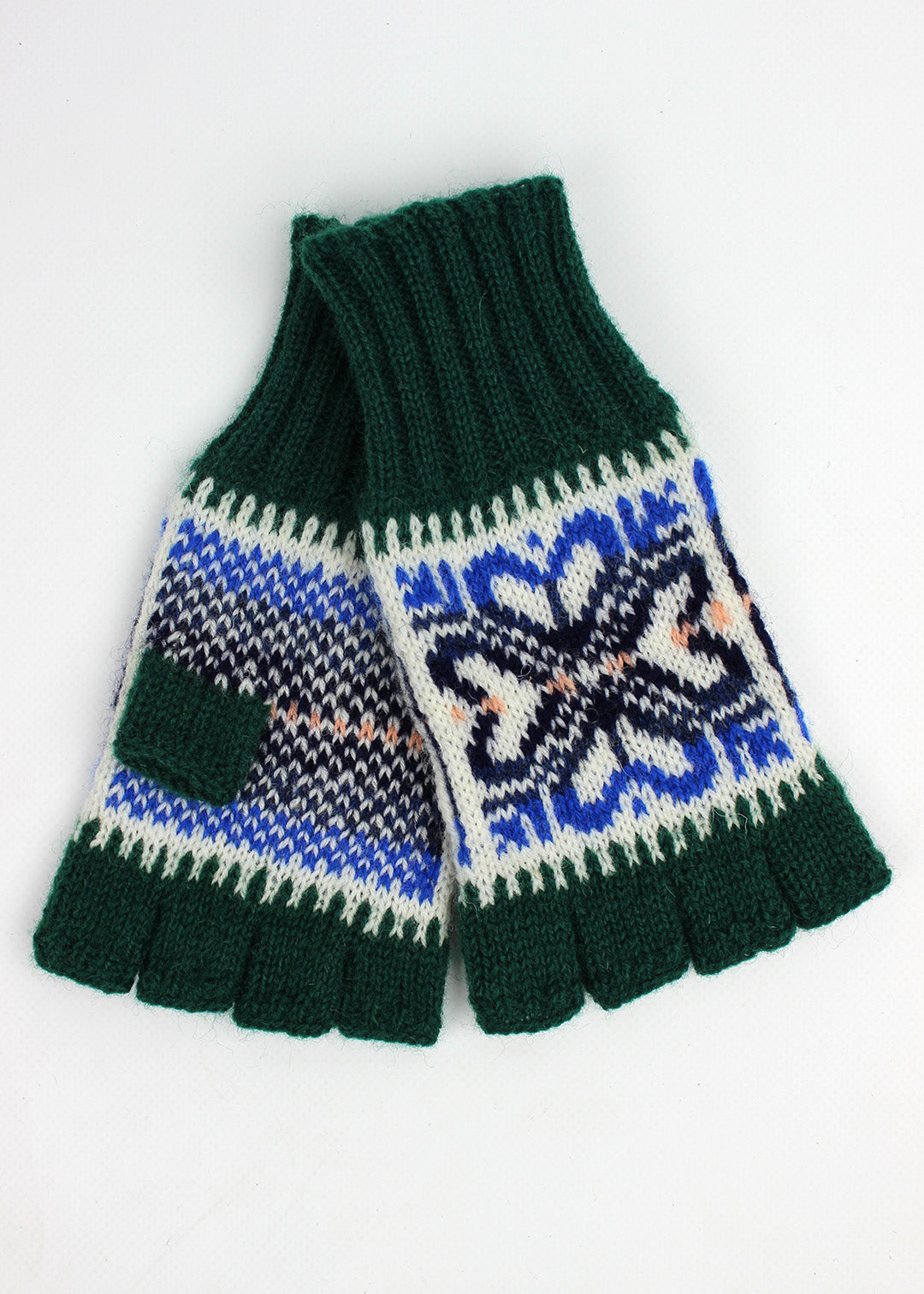 Hand knitted Fair Isle fingerless gloves in emerald green, made exclusively for the Scottish Textiles Showcase.