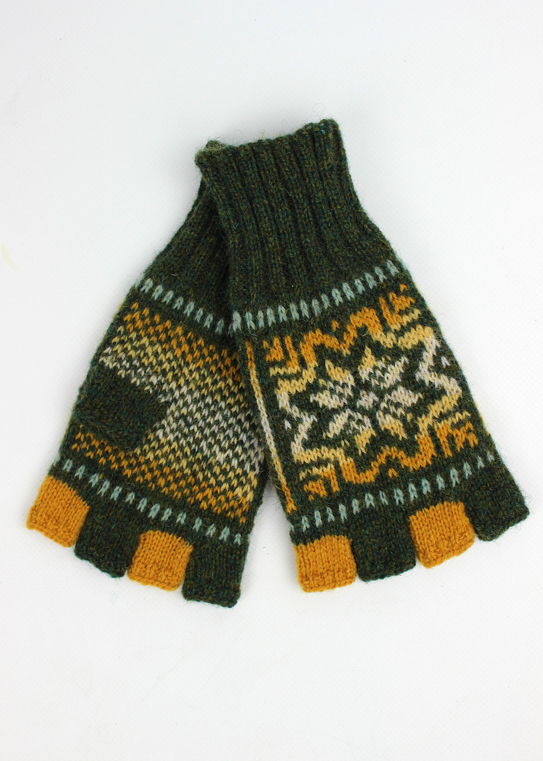 Hand knitted Fair Isle fingerless gloves in pine green, made exclusively for the Scottish Textiles Showcase.