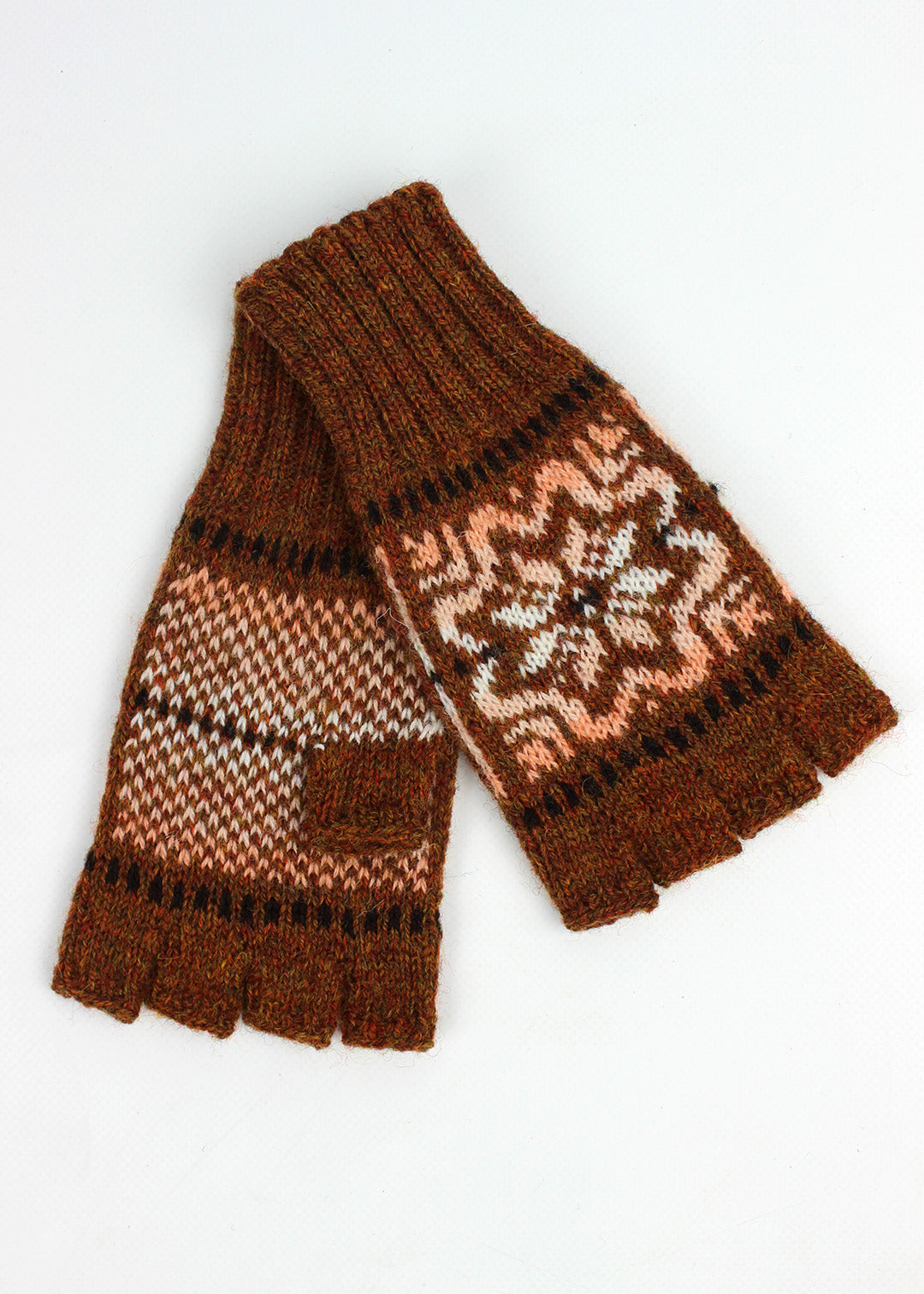Hand knitted Fair Isle fingerless gloves in shades of rusty brown, made exclusively for Scottish Textiles Showcase.&nbsp;
