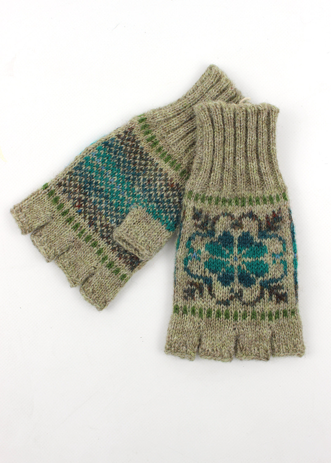 Hand knitted Fair Isle fingerless gloves in sage green, made exclusively for the Scottish Textiles Showcase.