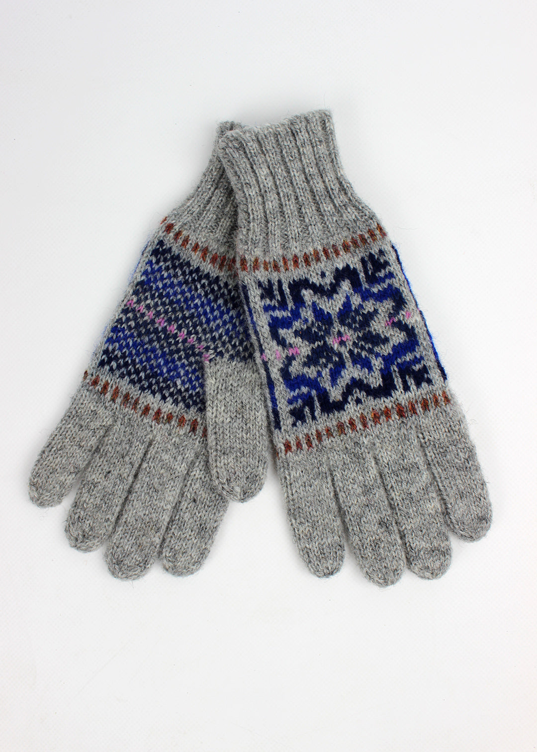 Hand knitted Fair Isle gloves in grey with colourful details, made exclusively for the Scottish Textiles Showcase.