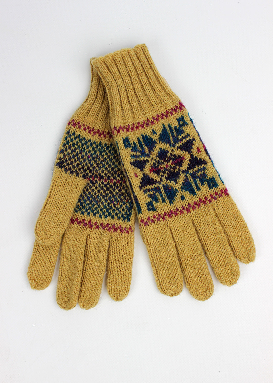 Hand knitted Fair Isle gloves in ochre with colourful details, made exclusively for the Scottish Textiles Showcase.