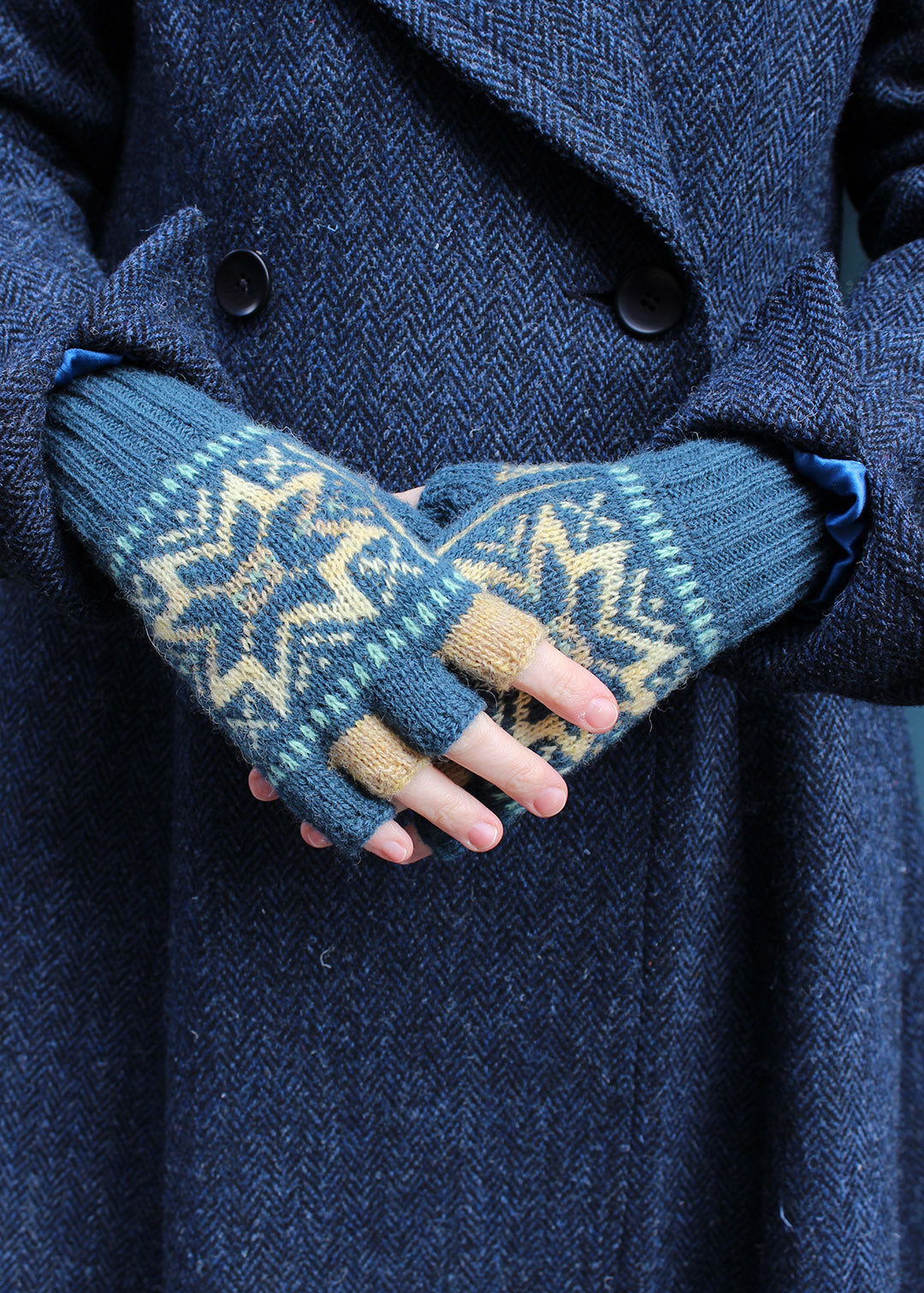Shetland Fair Isle Fingerless Gloves Blue