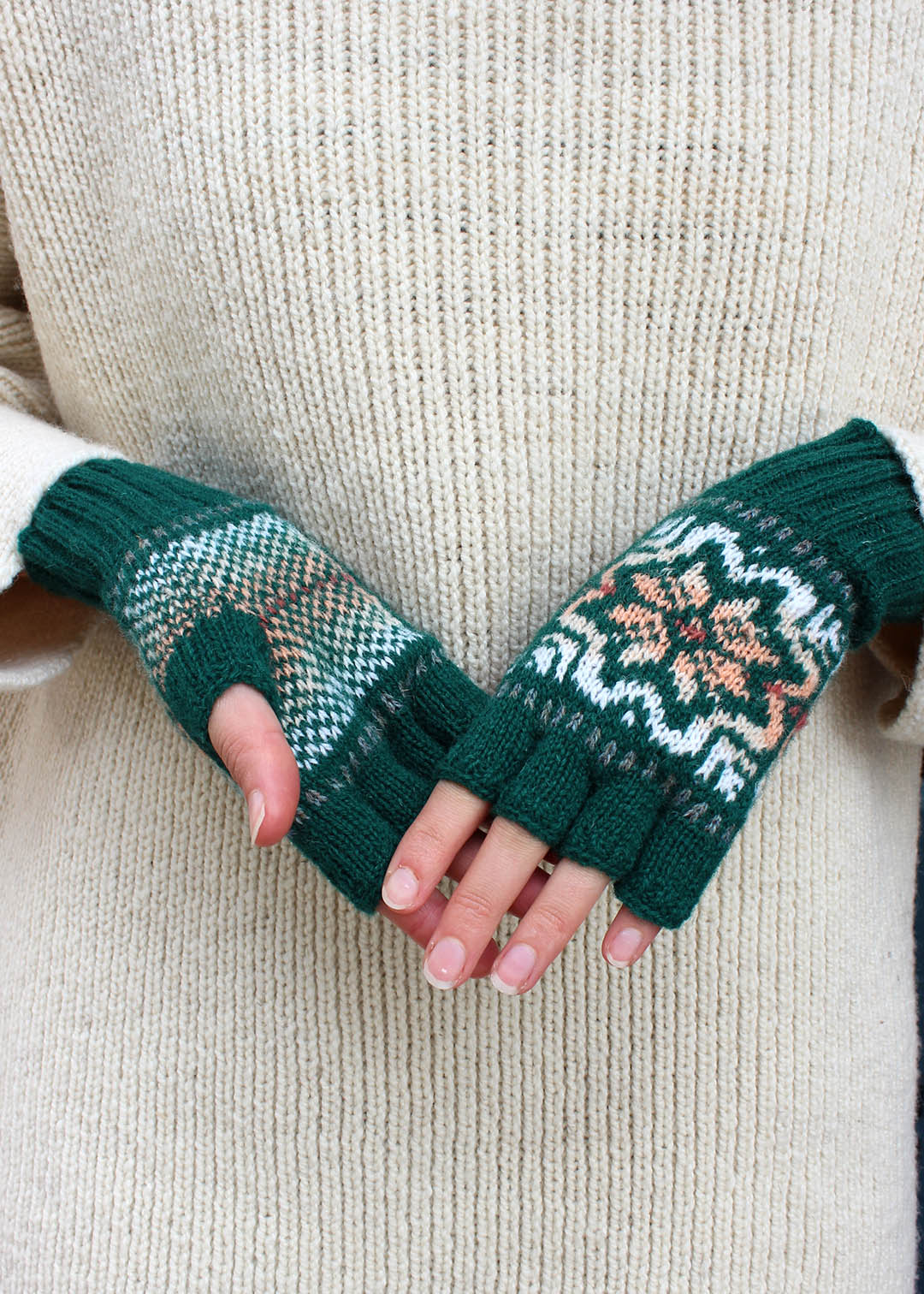 Shetland Fair Isle Fingerless Gloves Green