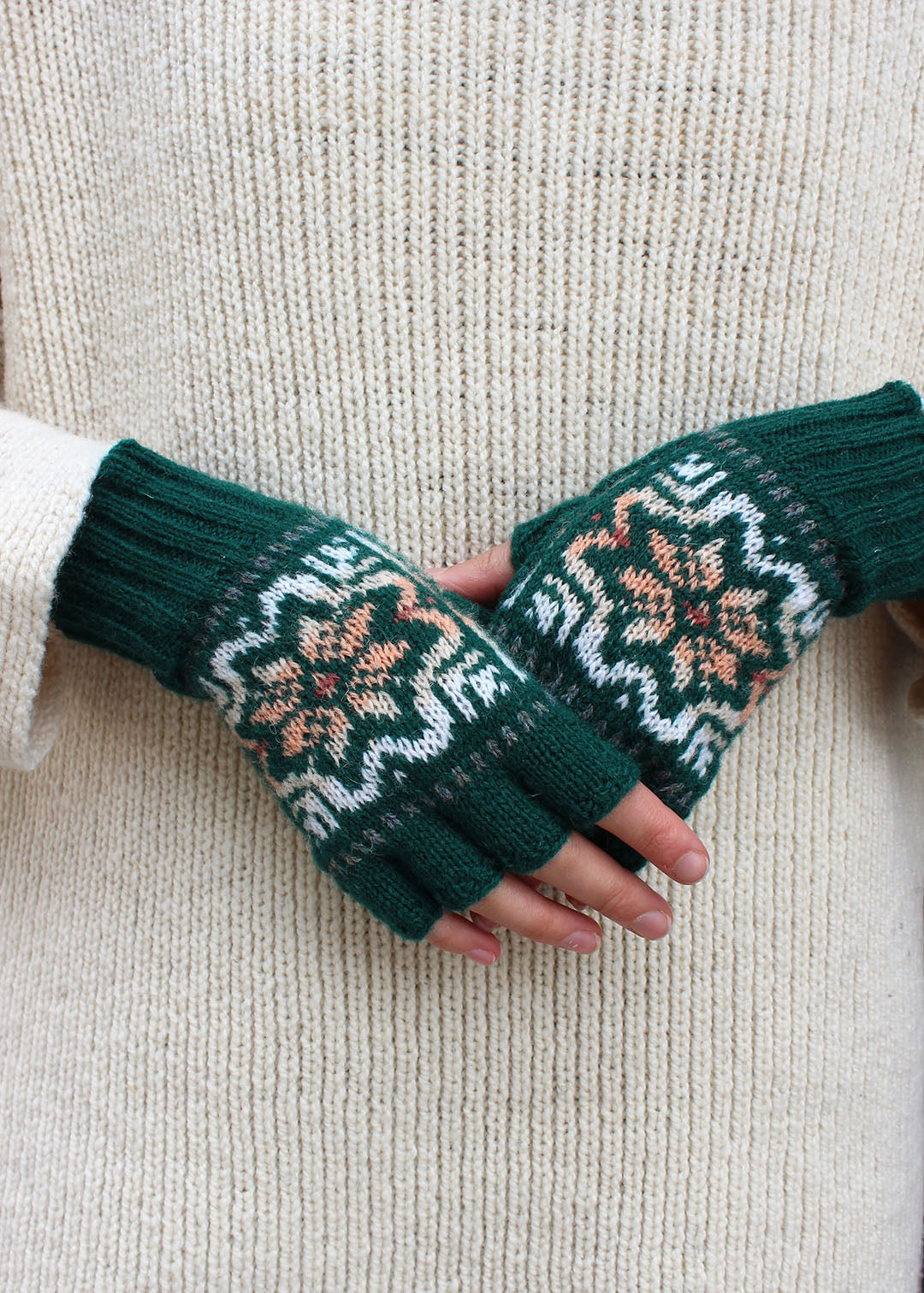Shetland Fair Isle Fingerless Gloves Green