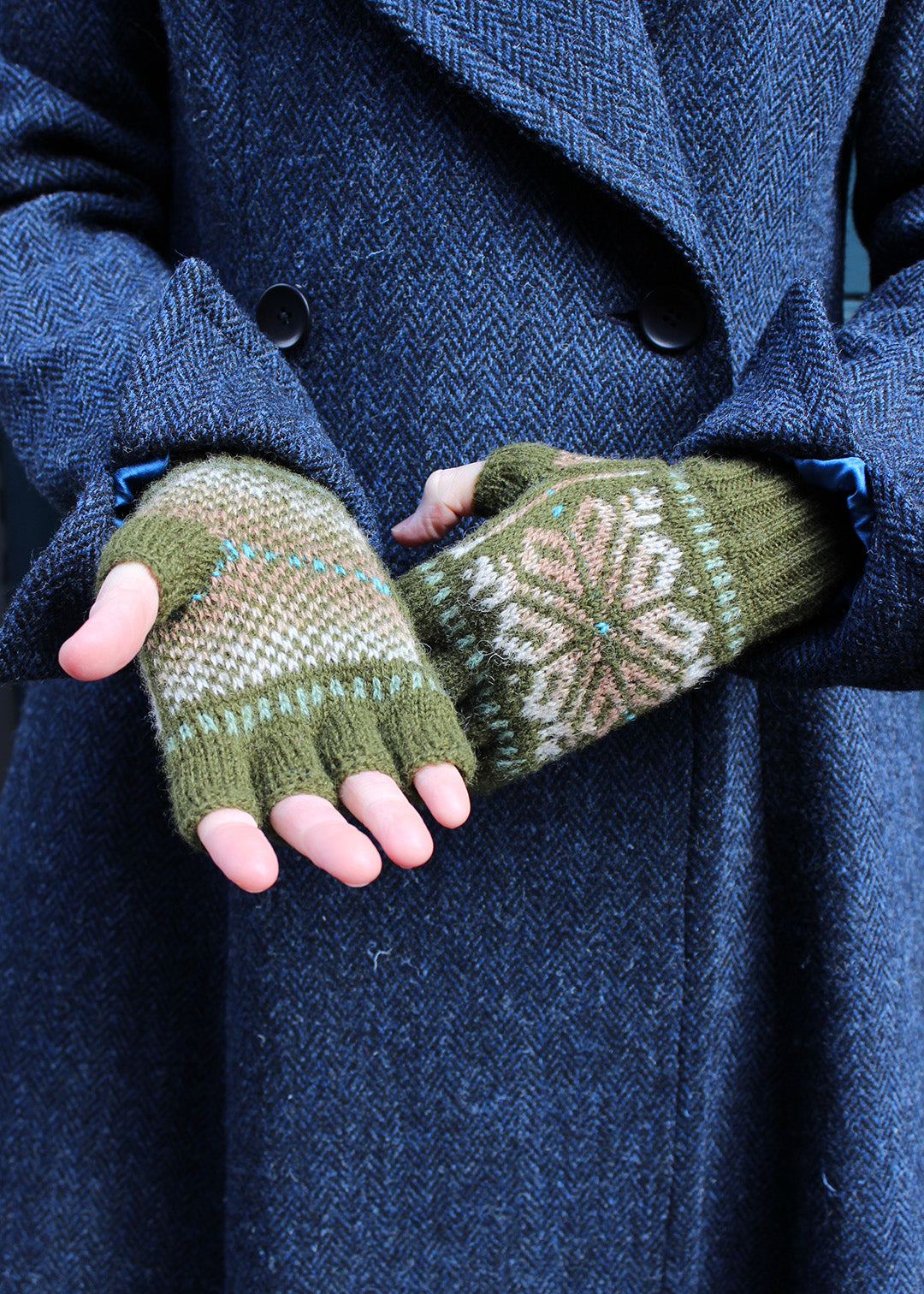 Shetland Fair Isle Fingerless Gloves Green